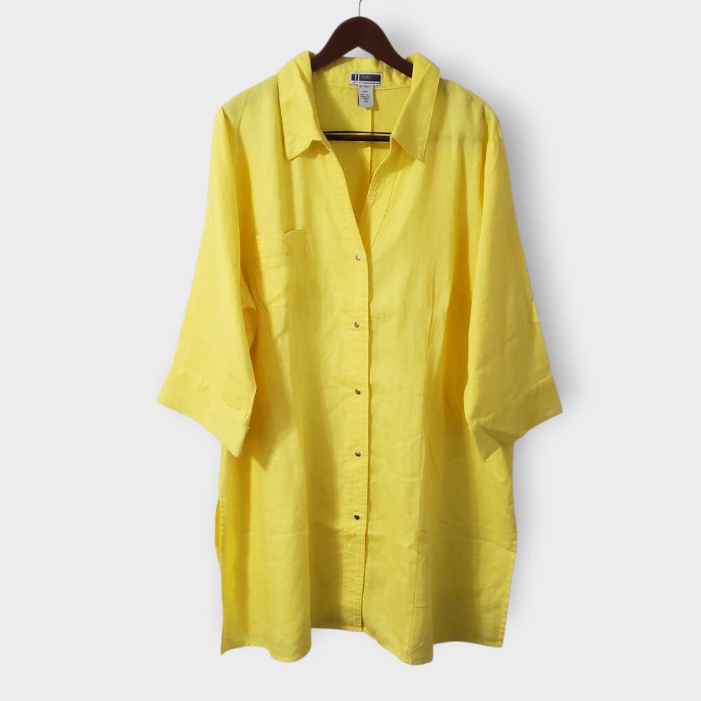 JL Studio 100% Linen Daisy Yellow Snap Button Tunic Shirt Womens 26W Lagen Beach